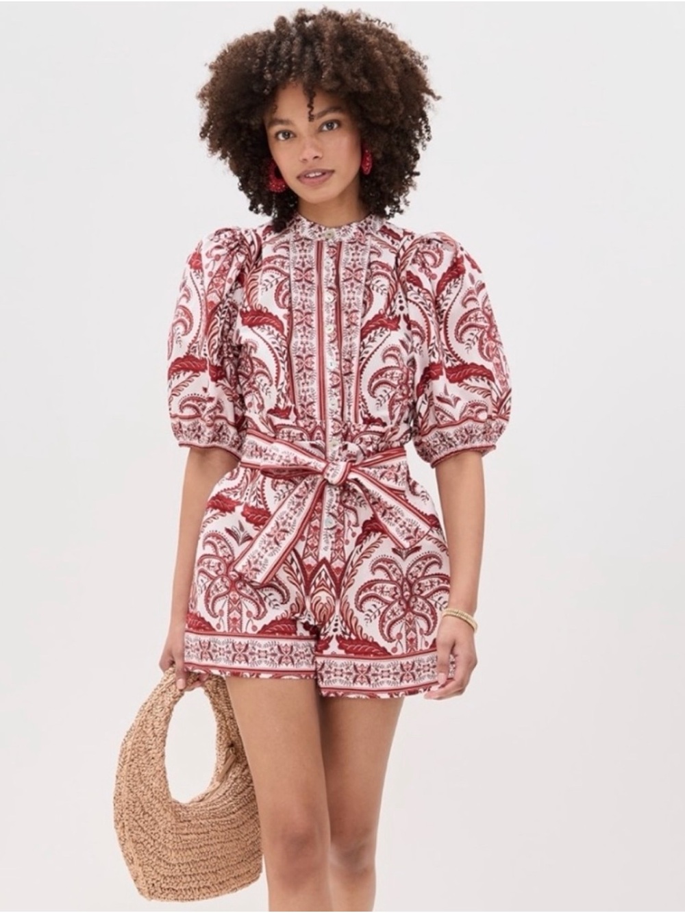 FARM Rio Tropical Cameo Romper Off-White Red Puff Sleeve (no belt)